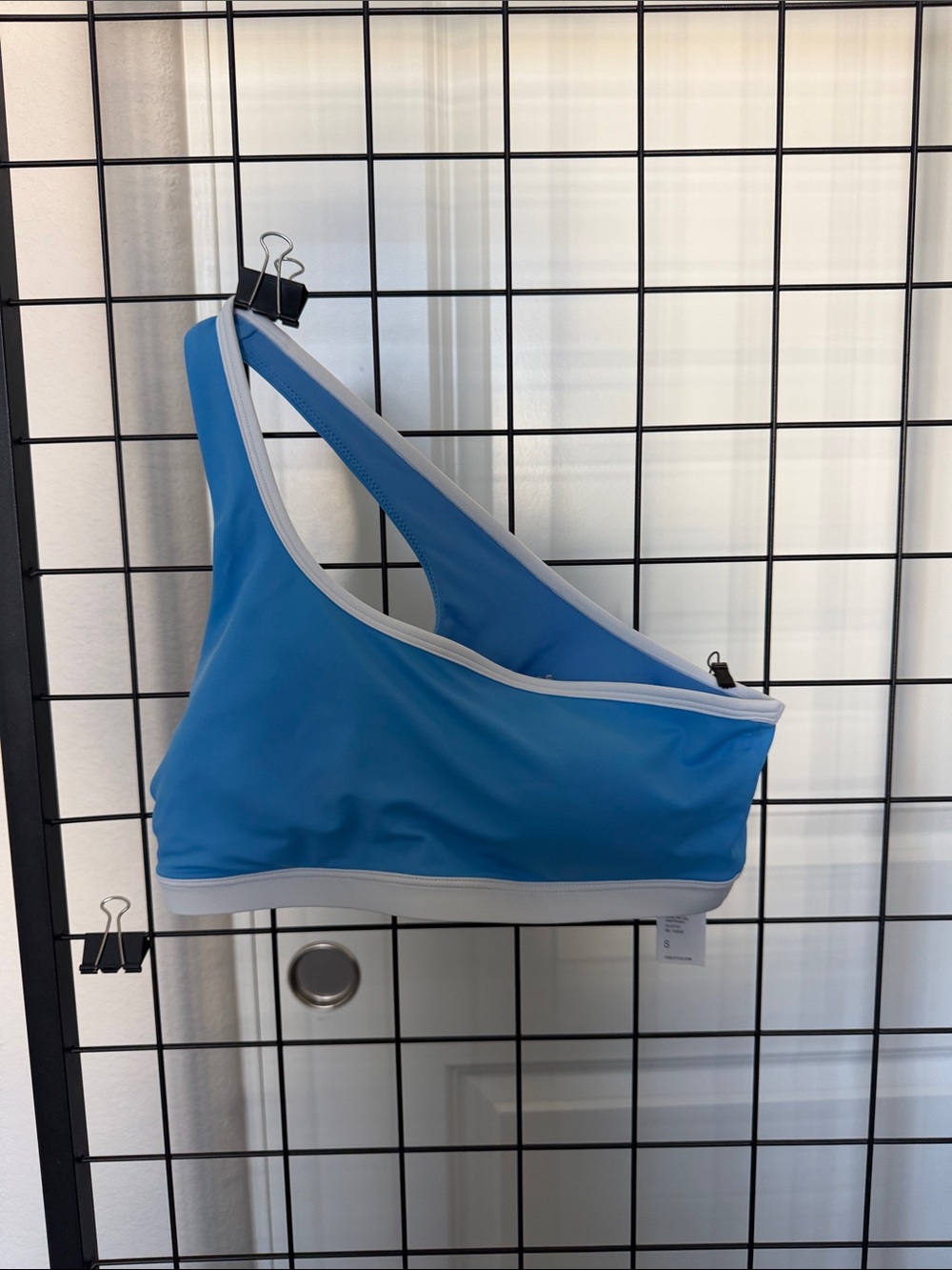 Fabletics Blue One-Shoulder Sports Bra with Light Gray Trim
